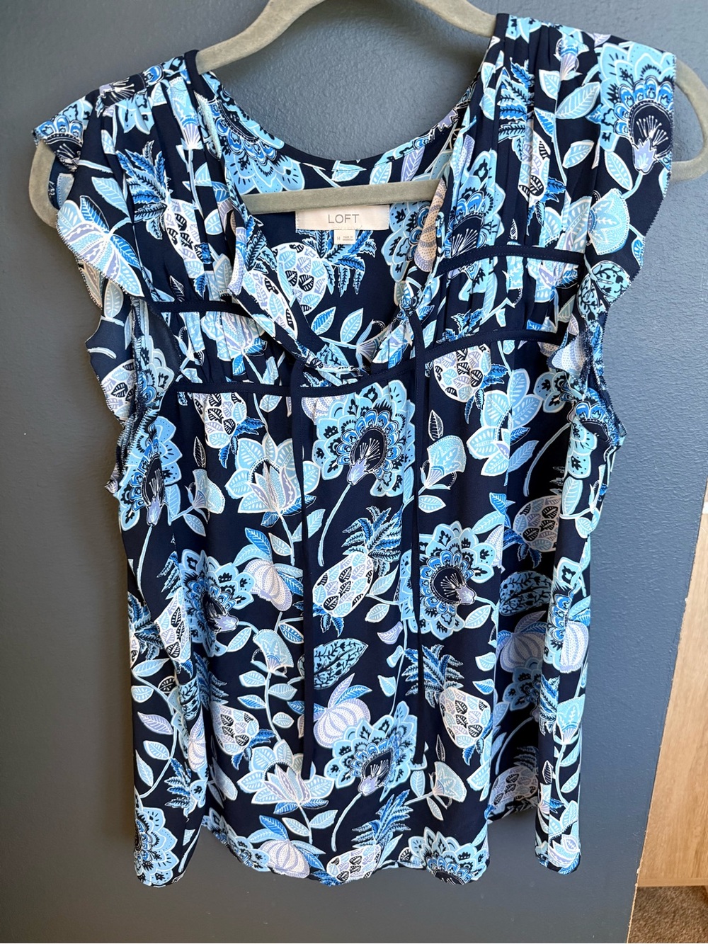 LOFT Navy Floral Cap-Sleeve Ruffle Blouse